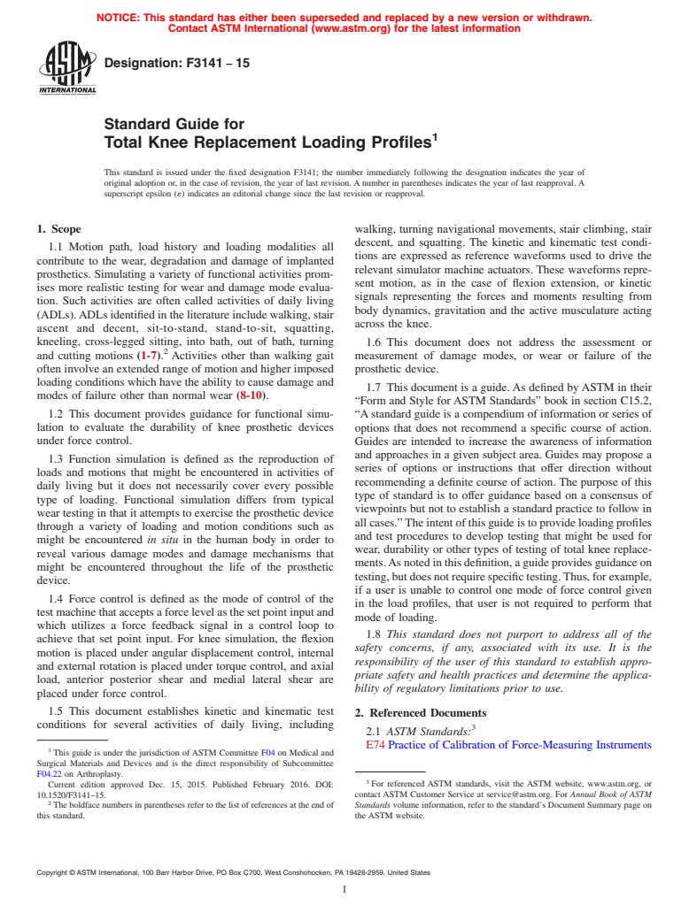 ASTM F3141-15 - Standard Guide for Total Knee Replacement Loading Profiles
