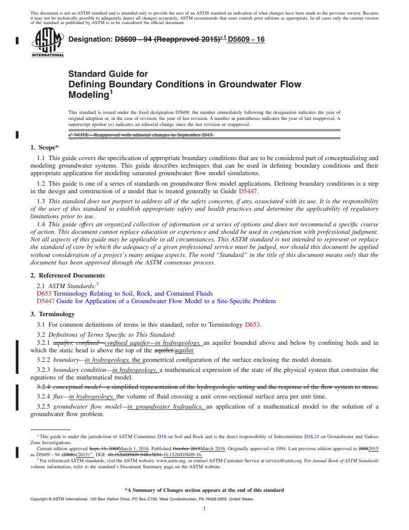 REDLINE ASTM D5609-16 - Standard Guide for Defining Boundary Conditions in Groundwater Flow Modeling