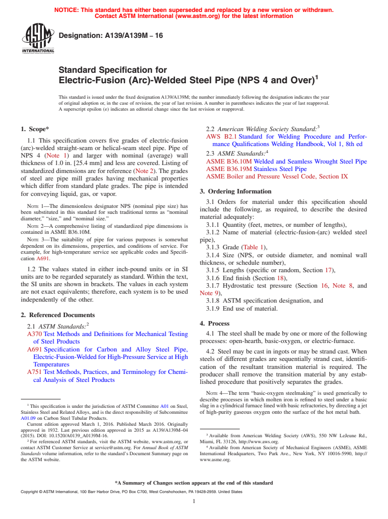 ASTM A139/A139M-16 - Standard Specification for  Electric-Fusion (Arc)-Welded Steel Pipe (NPS 4 and Over)