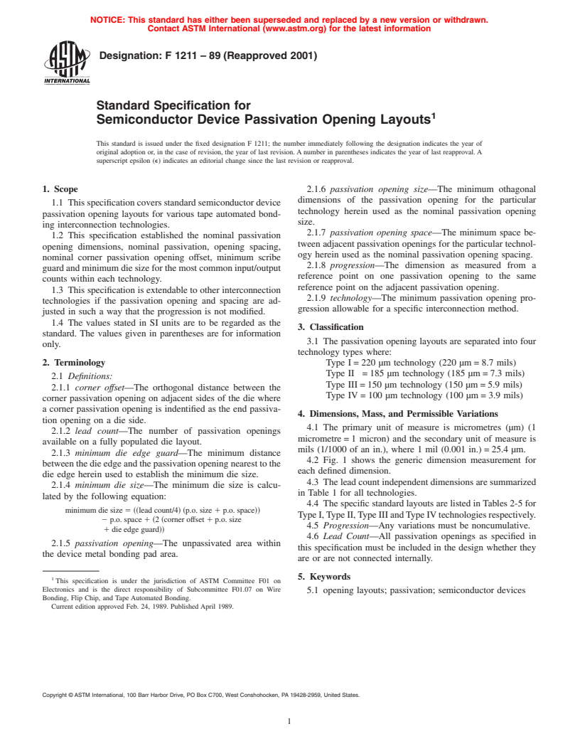 ASTM F1211-89(2001) - Standard Specification for Semiconductor Device Passivation Opening Layouts (Withdrawn 2007)