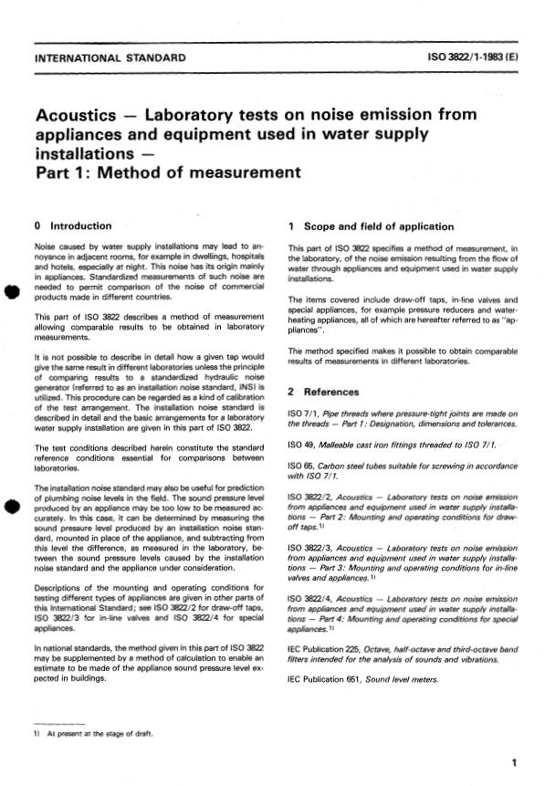 ISO 3822-1:1983 - Acoustics -- Laboratory tests on noise emission from appliances and equipment used in water supply installations