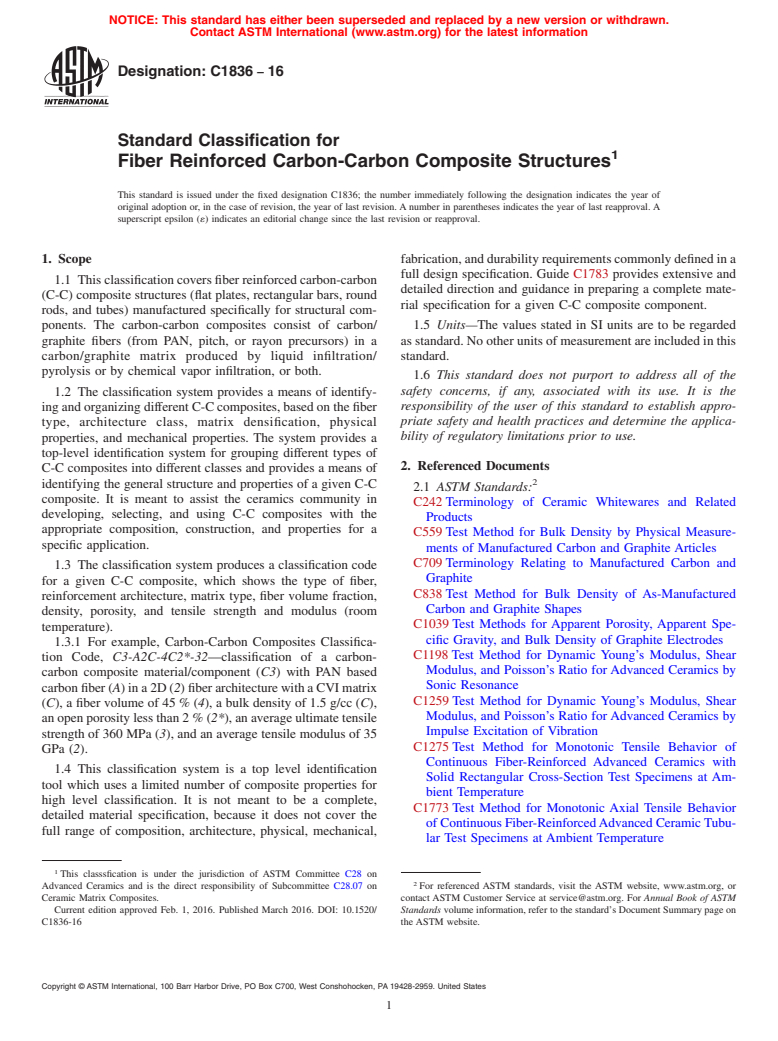 ASTM C1836-16 - Standard Classification for Fiber Reinforced Carbon-Carbon Composite Structures