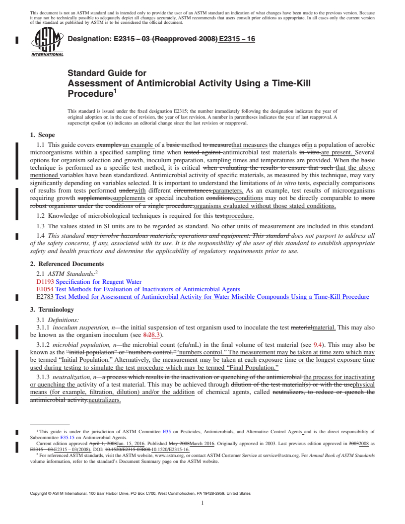 REDLINE ASTM E2315-16 - Standard Guide for Assessment of Antimicrobial Activity Using a Time-Kill Procedure