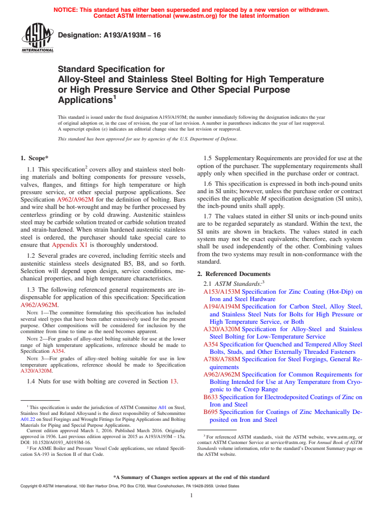 ASTM A193/A193M-16 - Standard Specification for  Alloy-Steel and Stainless Steel Bolting for High Temperature  or High Pressure Service and Other Special Purpose Applications