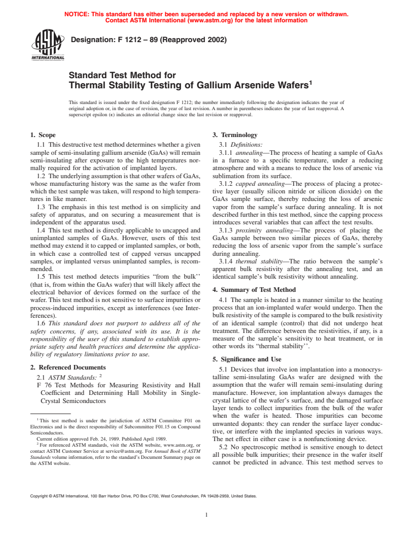 ASTM F1212-89(2002) - Standard Test Method for Thermal Stability Testing of Gallium Arsenide Wafers (Withdrawn 2008)