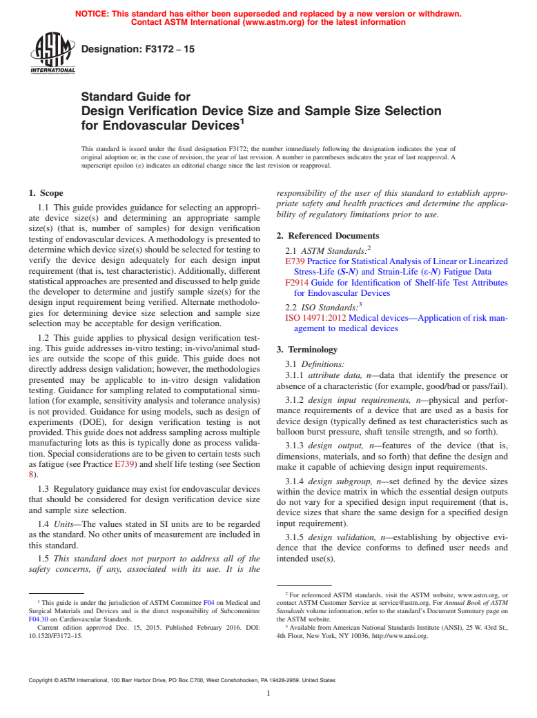 ASTM F3172-15 - Standard Guide for Design Verification Device Size and Sample Size Selection for  Endovascular Devices