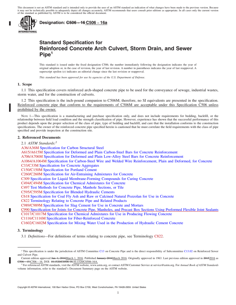 REDLINE ASTM C506-16a - Standard Specification for  Reinforced Concrete Arch Culvert, Storm Drain, and Sewer Pipe
