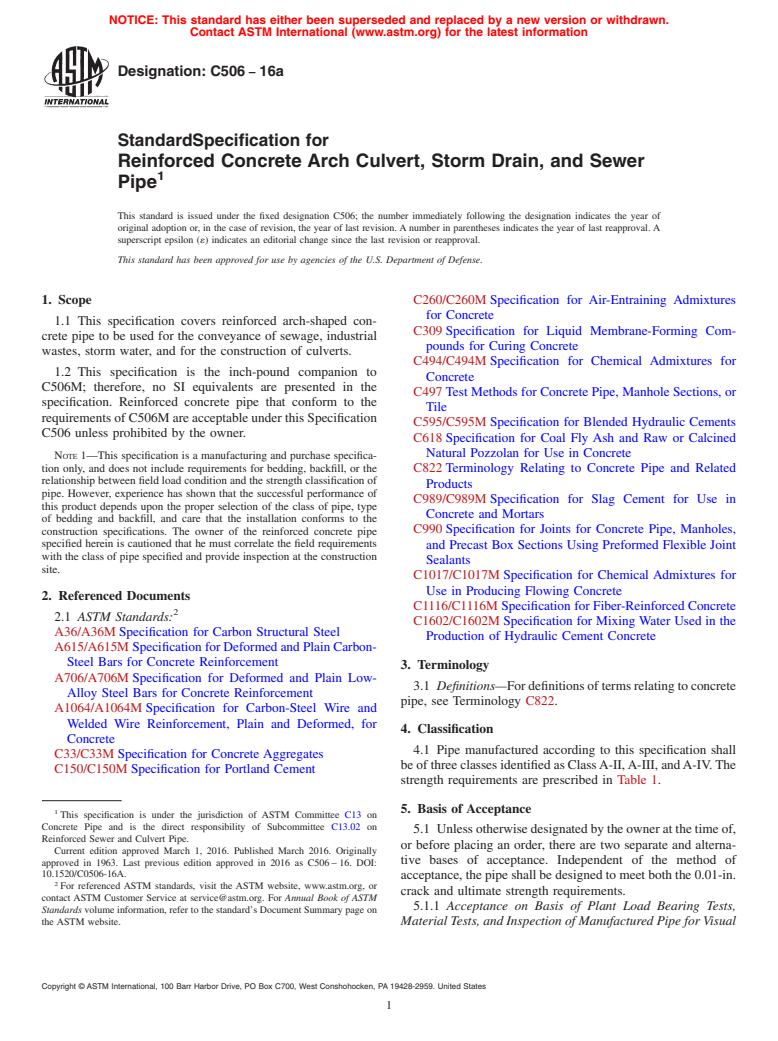 ASTM C506-16a - Standard Specification for  Reinforced Concrete Arch Culvert, Storm Drain, and Sewer Pipe
