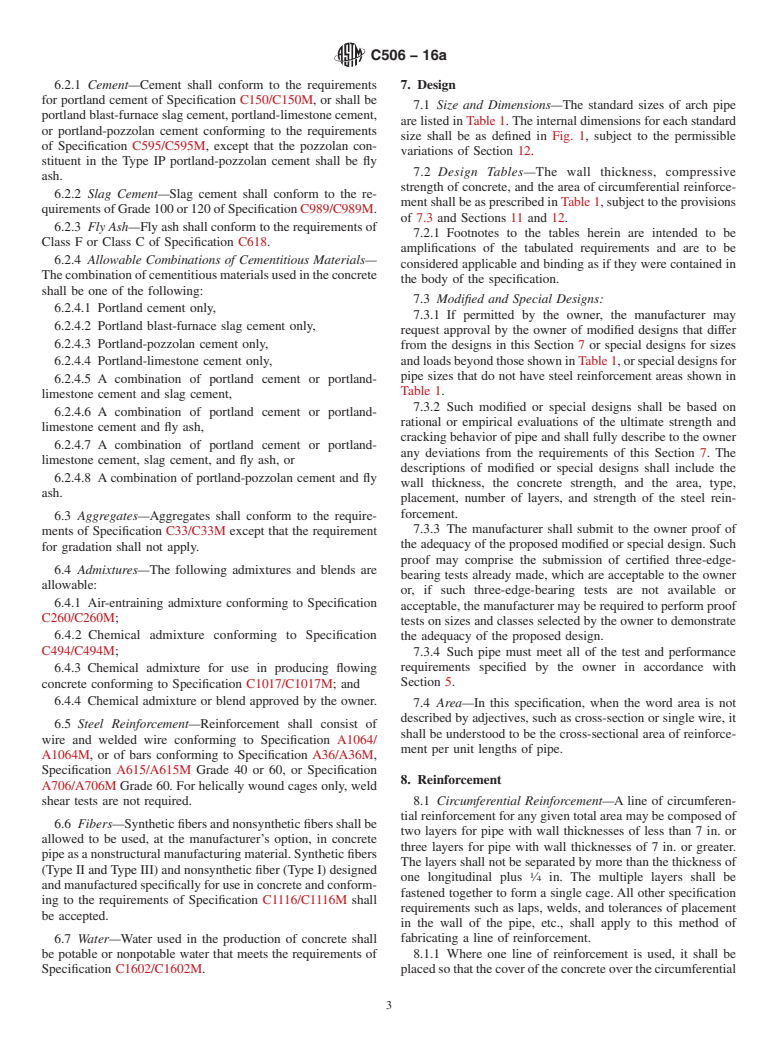 ASTM C506-16a - Standard Specification for  Reinforced Concrete Arch Culvert, Storm Drain, and Sewer Pipe