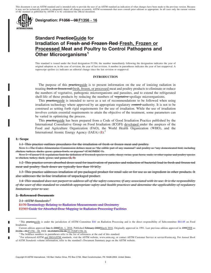 REDLINE ASTM F1356-16 - Standard Guide for  Irradiation of Fresh, Frozen or Processed Meat and Poultry  to Control Pathogens and Other Microorganisms