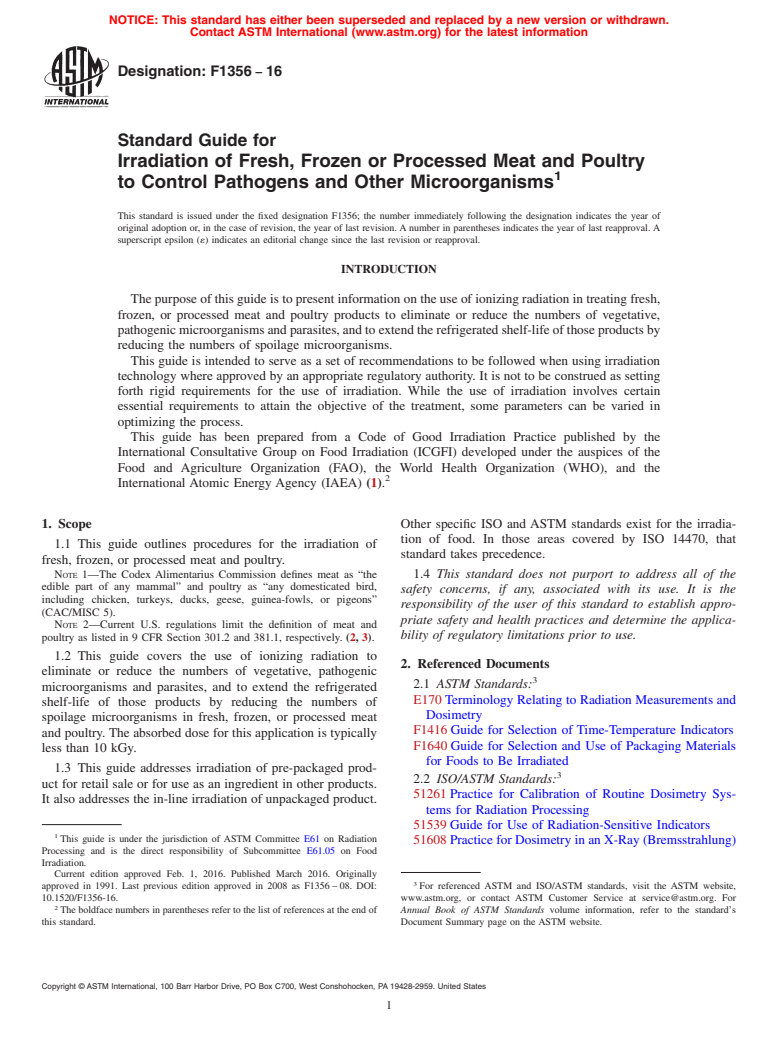 ASTM F1356-16 - Standard Guide for  Irradiation of Fresh, Frozen or Processed Meat and Poultry  to Control Pathogens and Other Microorganisms