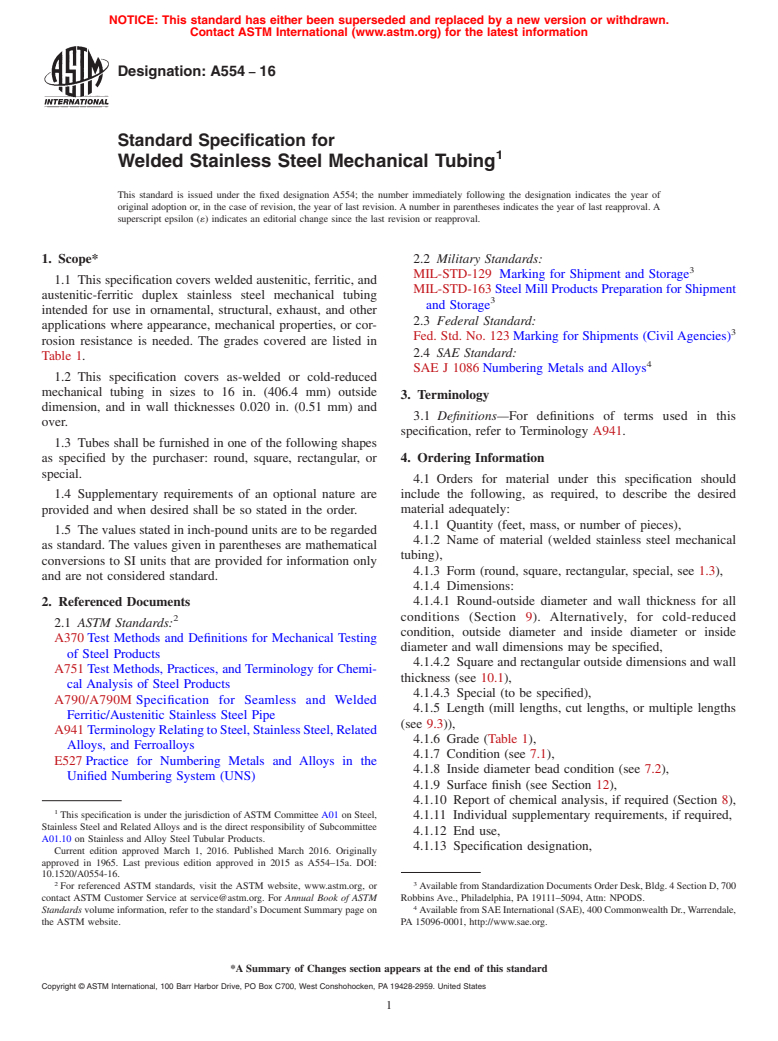 ASTM A554-16 - Standard Specification for  Welded Stainless Steel Mechanical Tubing