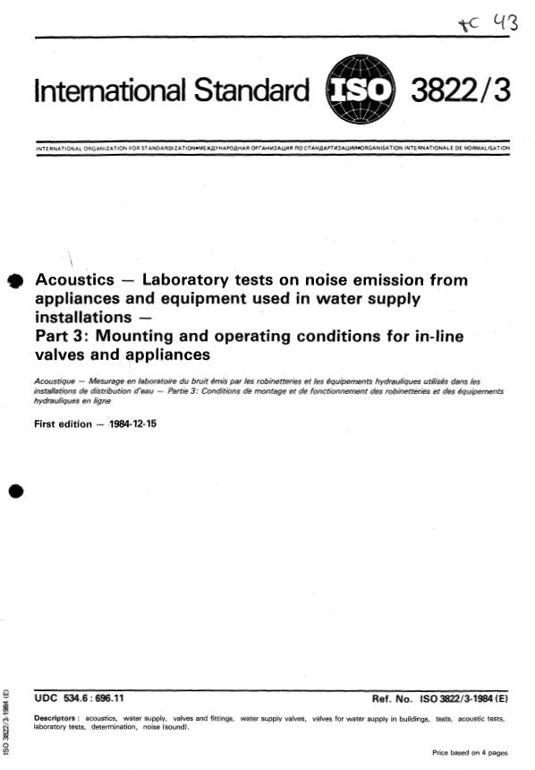 ISO 3822-3:1984 - Acoustics -- Laboratory tests on noise emission from appliances and equipment used in water supply installations