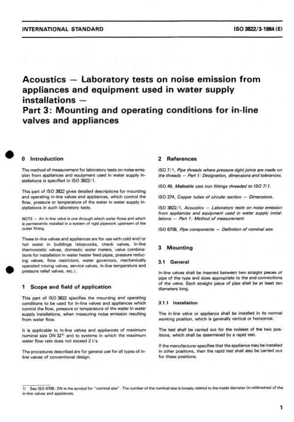 ISO 3822-3:1984 - Acoustics -- Laboratory tests on noise emission from appliances and equipment used in water supply installations
