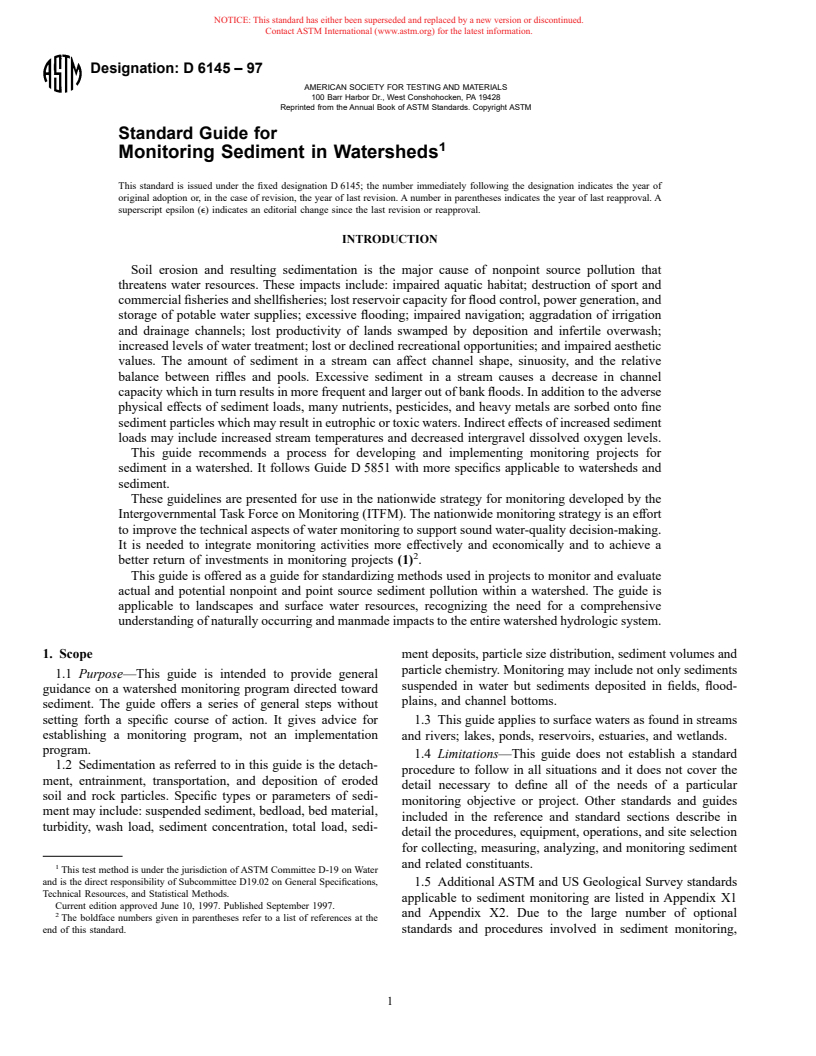 ASTM D6145-97 - Standard Guide for Monitoring Sediment in Watersheds