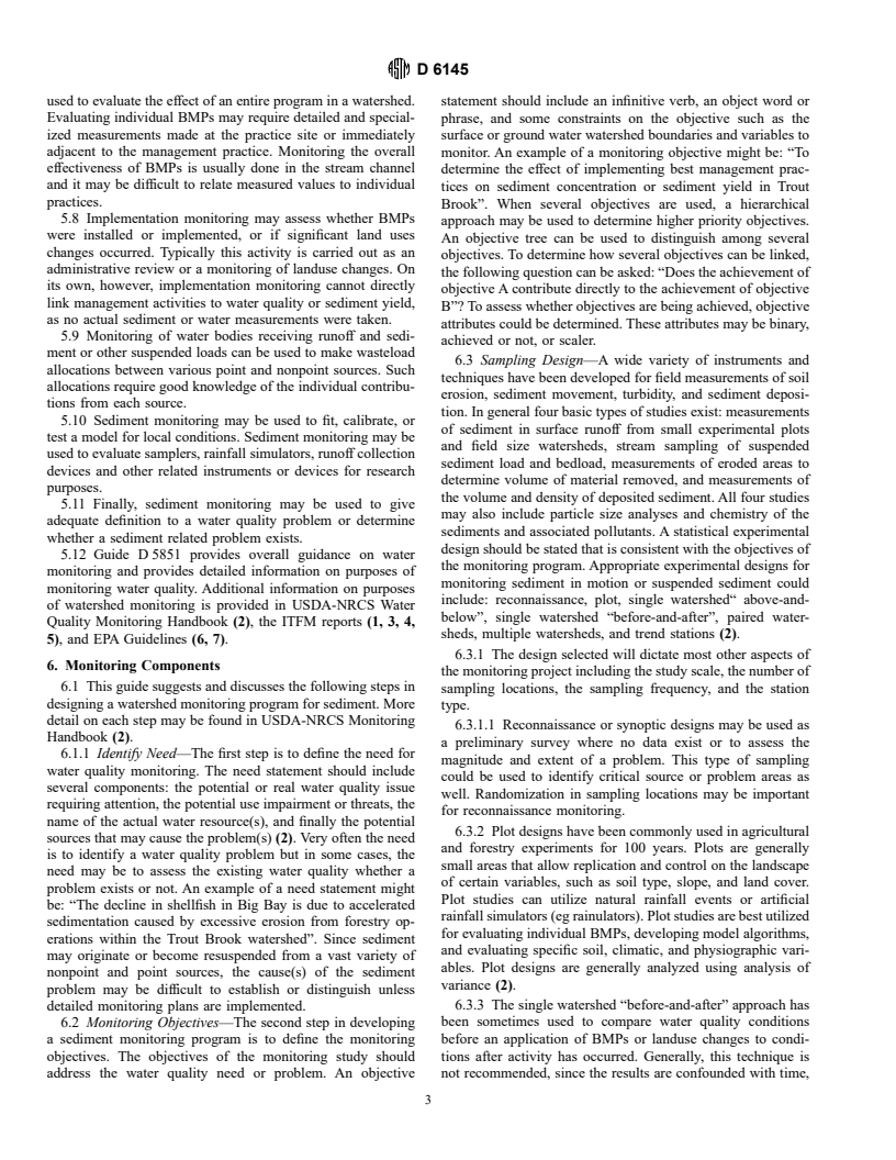 ASTM D6145-97 - Standard Guide for Monitoring Sediment in Watersheds