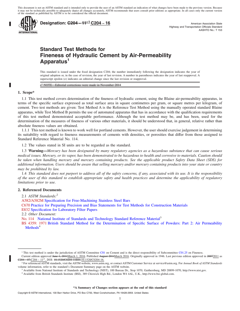 REDLINE ASTM C204-16 - Standard Test Methods for  Fineness of Hydraulic Cement by Air-Permeability Apparatus