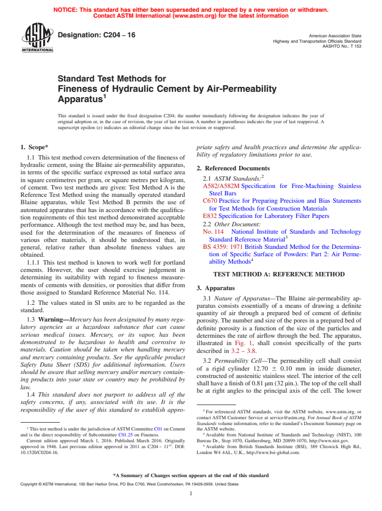 ASTM C204-16 - Standard Test Methods for  Fineness of Hydraulic Cement by Air-Permeability Apparatus