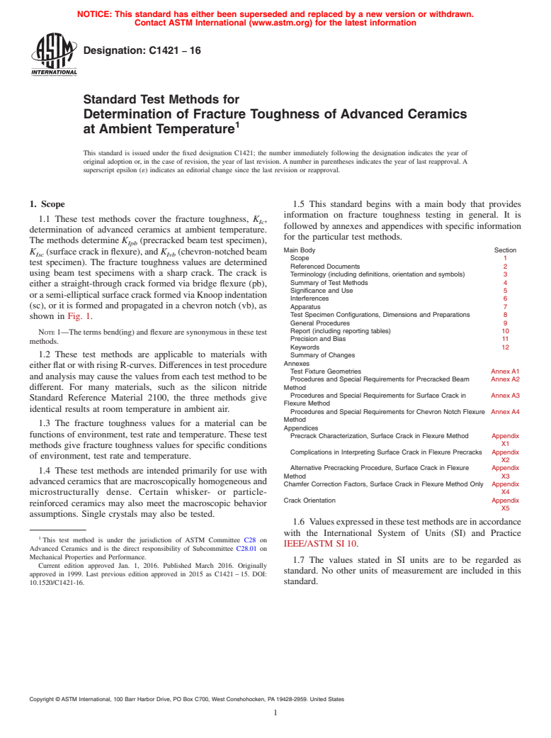 ASTM C1421-16 - Standard Test Methods for Determination of Fracture Toughness of Advanced Ceramics at   Ambient Temperature