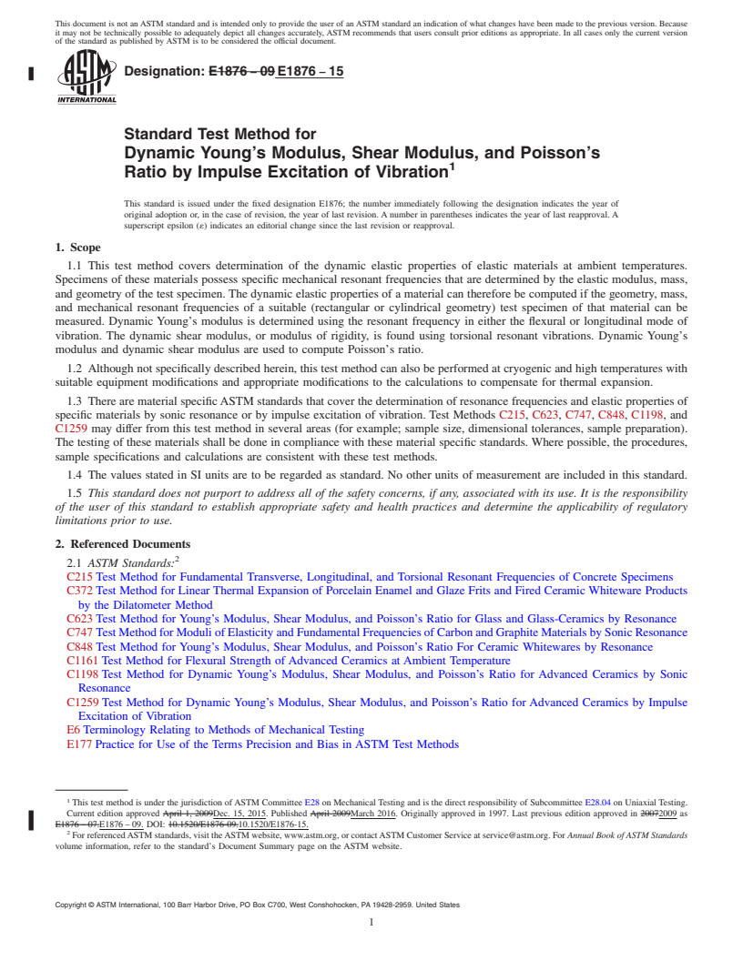 REDLINE ASTM E1876-15 - Standard Test Method for  Dynamic Young's Modulus, Shear Modulus, and Poisson's Ratio  by Impulse Excitation of Vibration