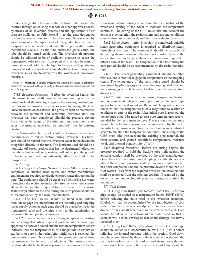 ASTM F1216-98 - Standard Practice for Rehabilitation of Existing Pipelines and Conduits by the Inversion and Curing of a Resin-Impregnated Tube