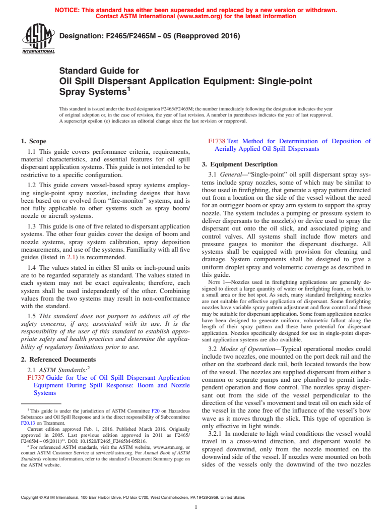ASTM F2465/F2465M-05(2016) - Standard Guide for  Oil Spill Dispersant Application Equipment: Single-point Spray  Systems