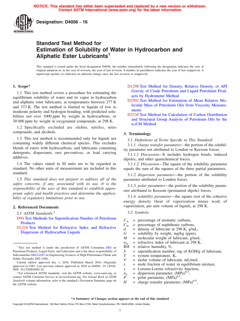 ASTM D4056-16 - Standard Test Method for  Estimation of Solubility of Water in Hydrocarbon and Aliphatic   Ester Lubricants