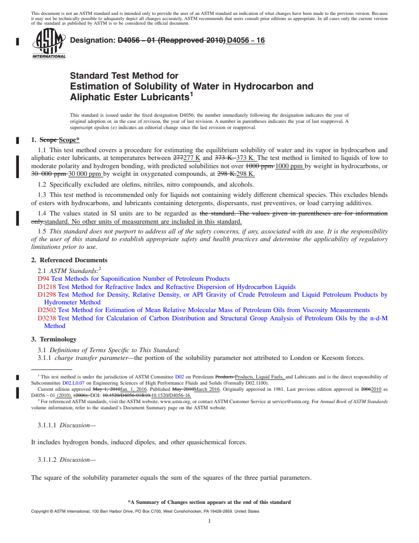 REDLINE ASTM D4056-16 - Standard Test Method for  Estimation of Solubility of Water in Hydrocarbon and Aliphatic   Ester Lubricants