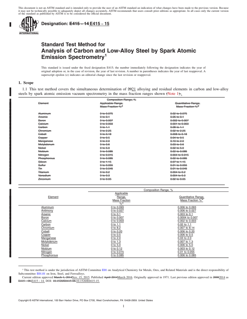 REDLINE ASTM E415-15 - Standard Test Method for  Analysis of Carbon and Low-Alloy Steel by Spark Atomic Emission  Spectrometry