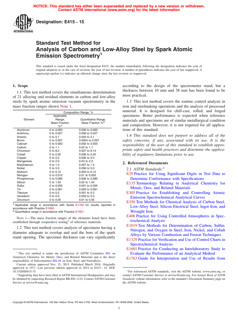 ASTM E415-15 - Standard Test Method for  Analysis of Carbon and Low-Alloy Steel by Spark Atomic Emission  Spectrometry