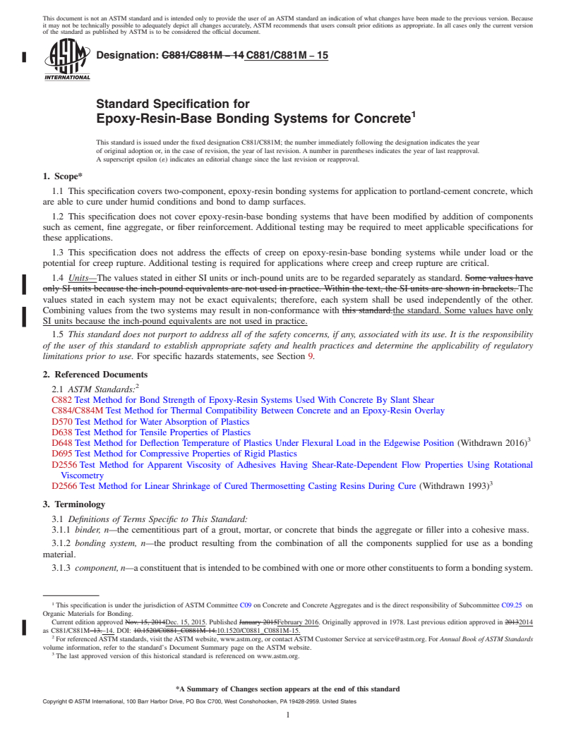 REDLINE ASTM C881/C881M-15 - Standard Specification for  Epoxy-Resin-Base Bonding Systems for Concrete