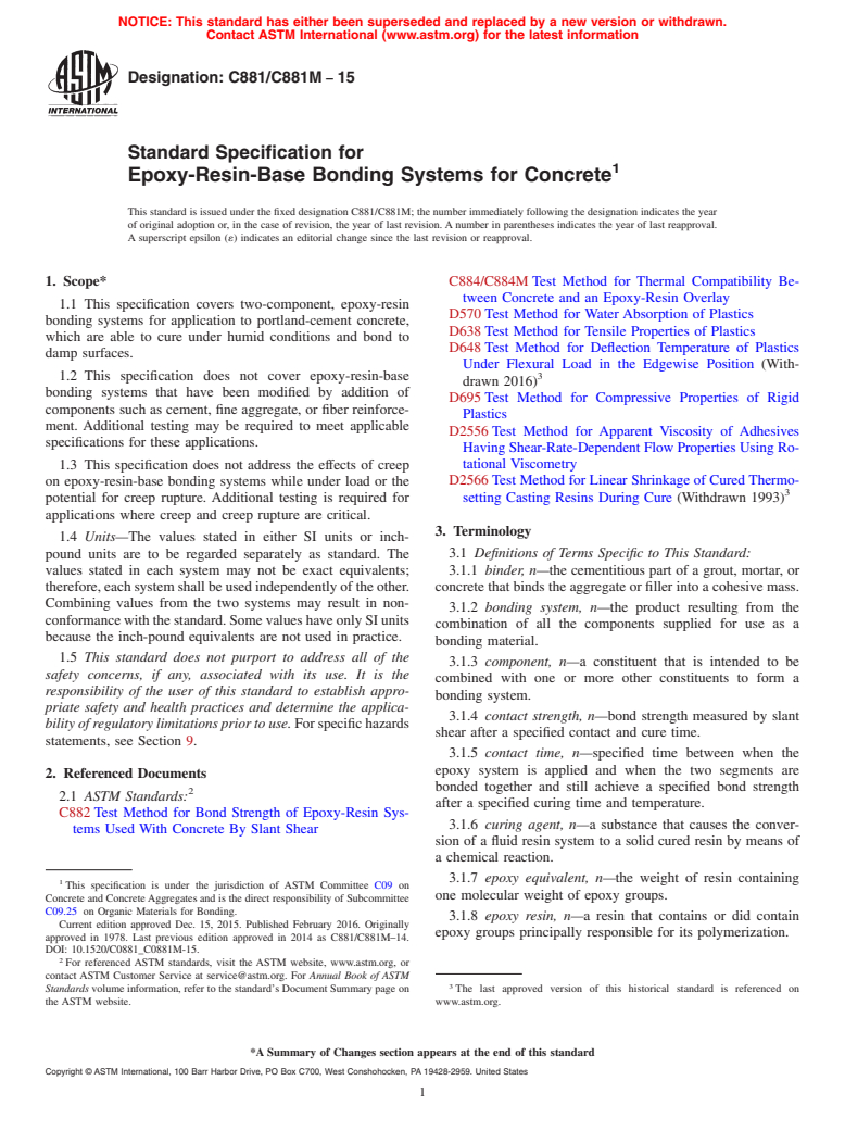 ASTM C881/C881M-15 - Standard Specification for  Epoxy-Resin-Base Bonding Systems for Concrete