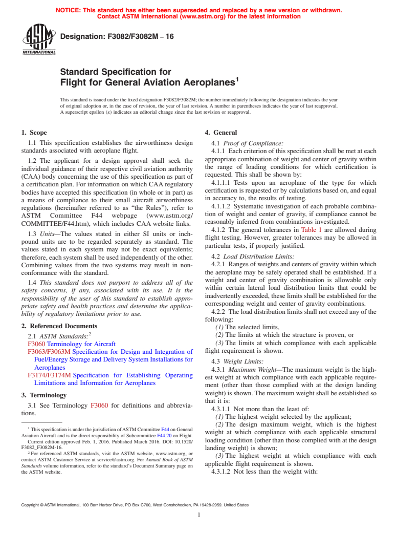 ASTM F3082/F3082M-16 - Standard Specification for Flight for General Aviation Aeroplanes