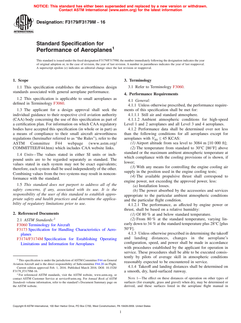 ASTM F3179/F3179M-16 - Standard Specification for Performance of Aeroplanes