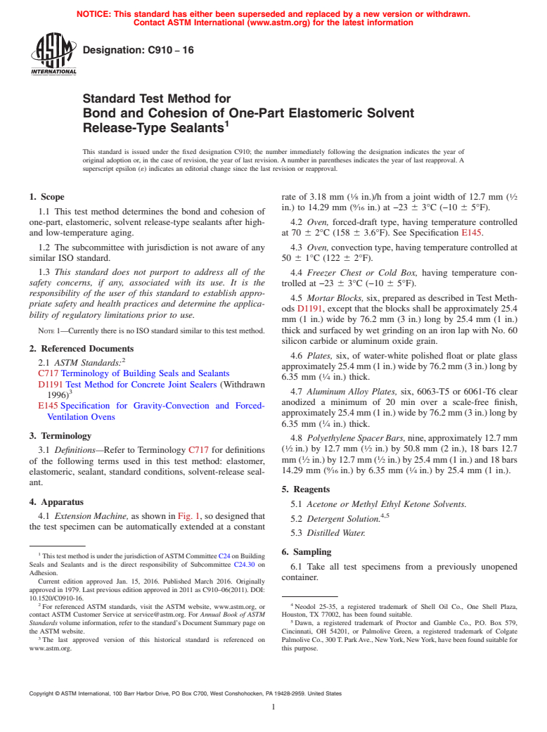 ASTM C910-16 - Standard Test Method for  Bond and Cohesion of One-Part Elastomeric Solvent Release-Type  Sealants