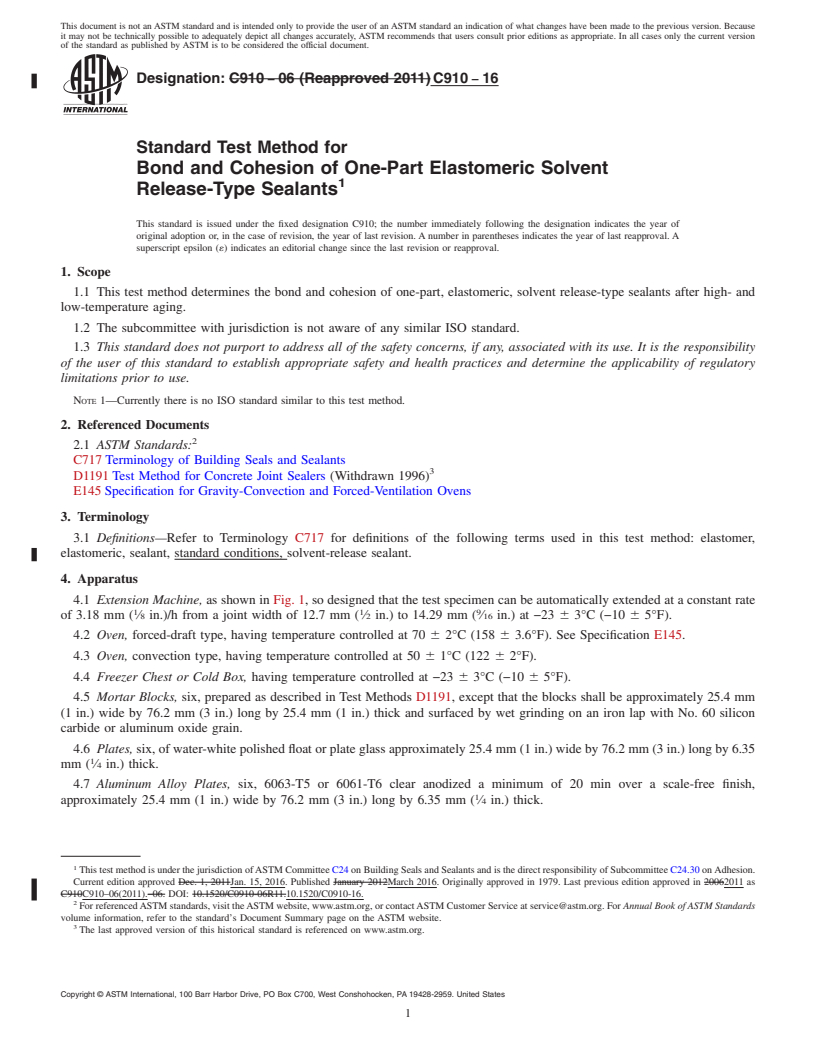 REDLINE ASTM C910-16 - Standard Test Method for  Bond and Cohesion of One-Part Elastomeric Solvent Release-Type  Sealants