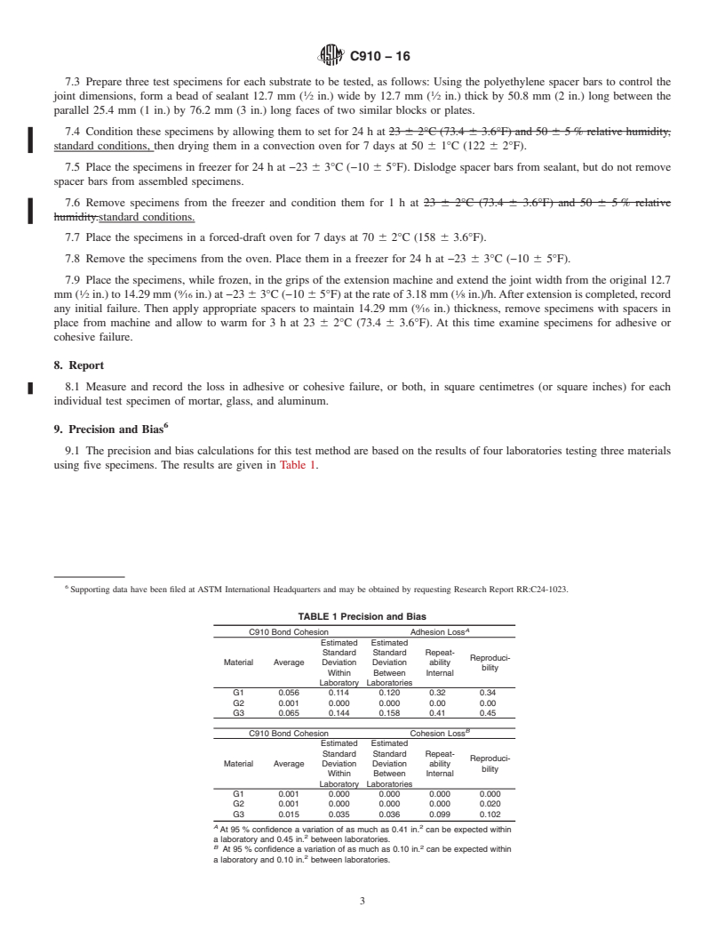 REDLINE ASTM C910-16 - Standard Test Method for  Bond and Cohesion of One-Part Elastomeric Solvent Release-Type  Sealants