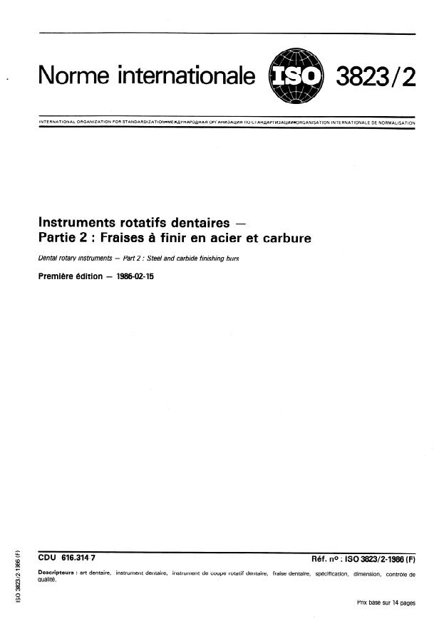 ISO 3823-2:1986 - Instruments rotatifs dentaires