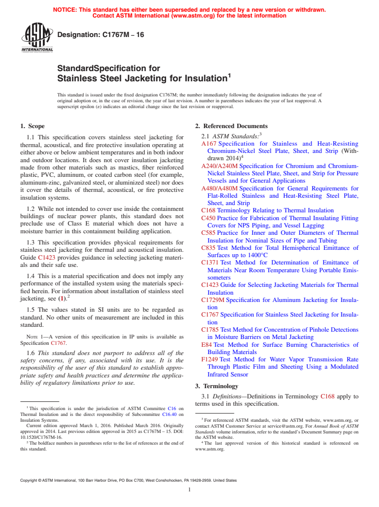 ASTM C1767M-16 - Standard Specification for Stainless Steel Jacketing for Insulation