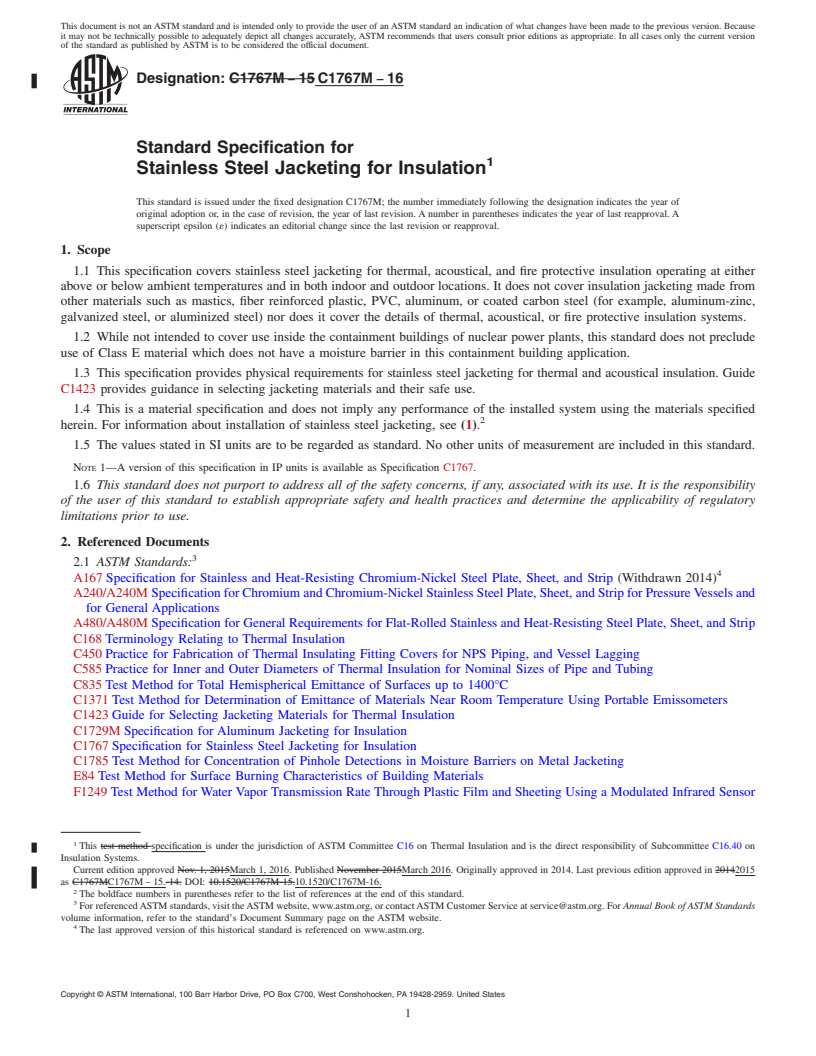 REDLINE ASTM C1767M-16 - Standard Specification for Stainless Steel Jacketing for Insulation