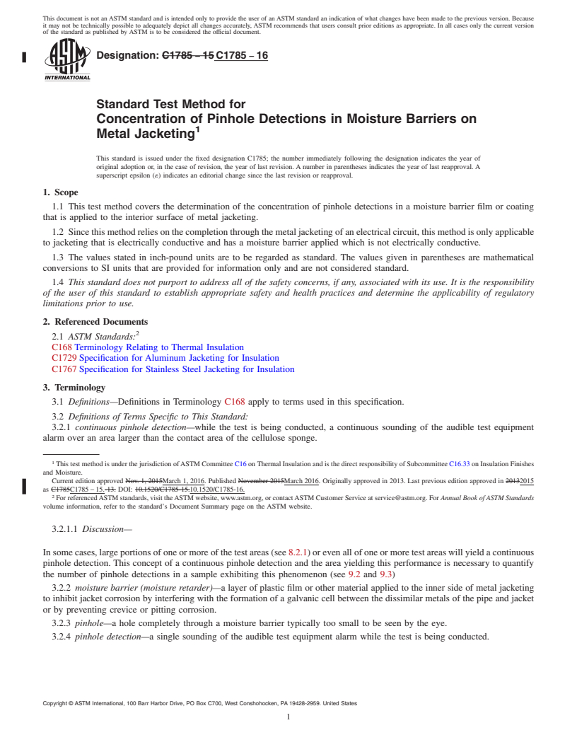 REDLINE ASTM C1785-16 - Standard Test Method for Concentration of Pinhole Detections in Moisture Barriers on  Metal Jacketing
