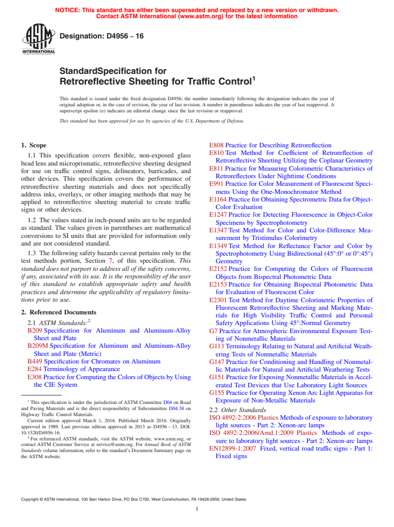 ASTM D4956-16 - Standard Specification for  Retroreflective Sheeting for Traffic Control