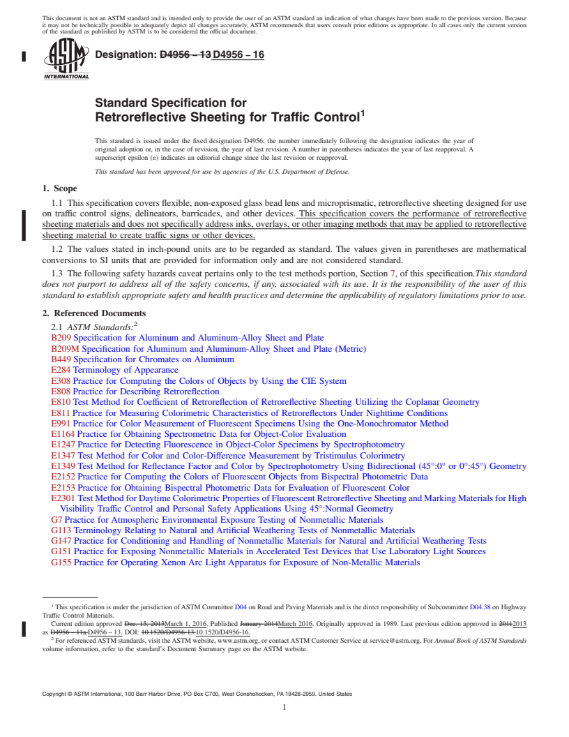 REDLINE ASTM D4956-16 - Standard Specification for  Retroreflective Sheeting for Traffic Control