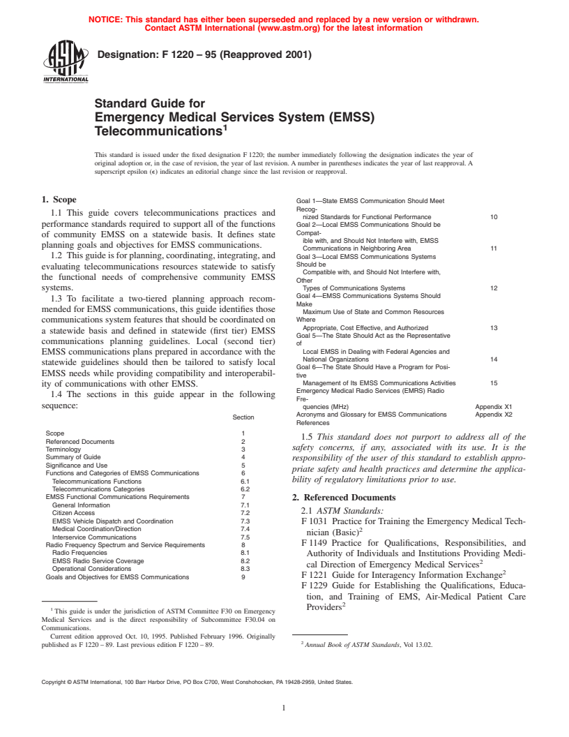 ASTM F1220-95(2001) - Standard Guide for Emergency Medical Services System (EMSS) Telecommunications