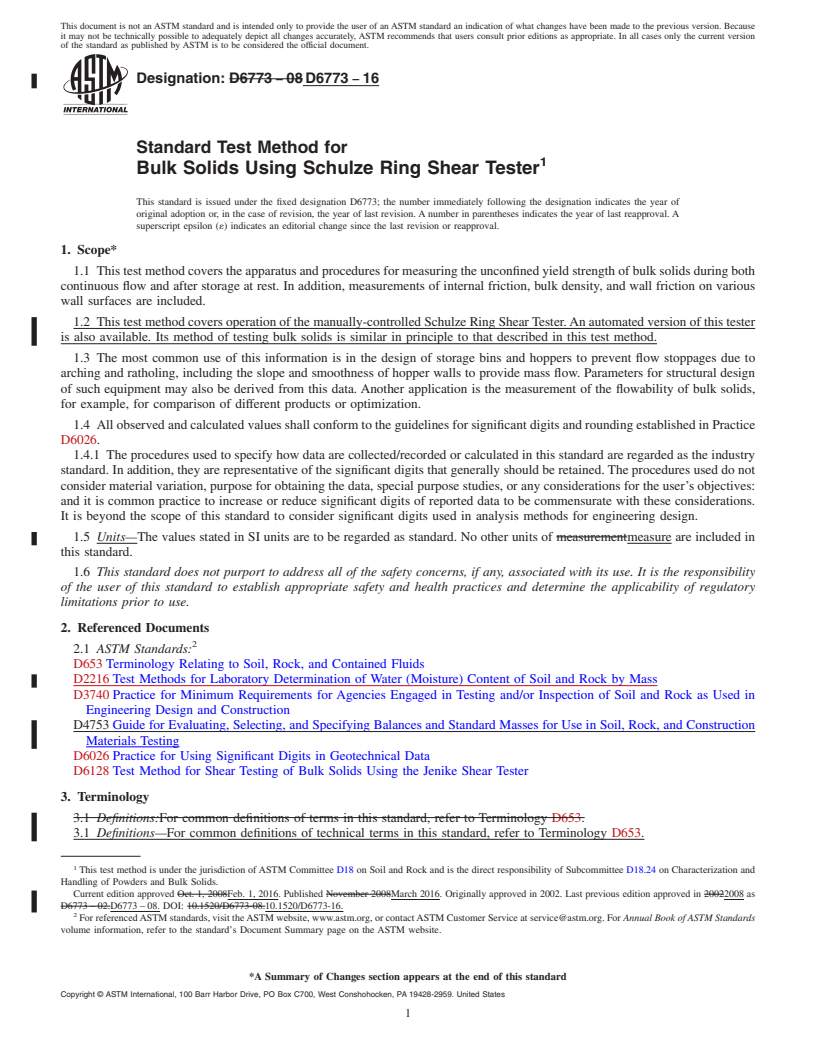 REDLINE ASTM D6773-16 - Standard Test Method for  Bulk Solids Using Schulze Ring Shear Tester