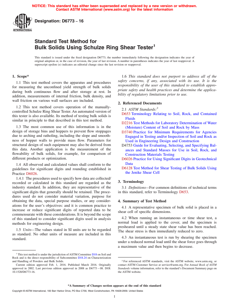 ASTM D6773-16 - Standard Test Method for  Bulk Solids Using Schulze Ring Shear Tester