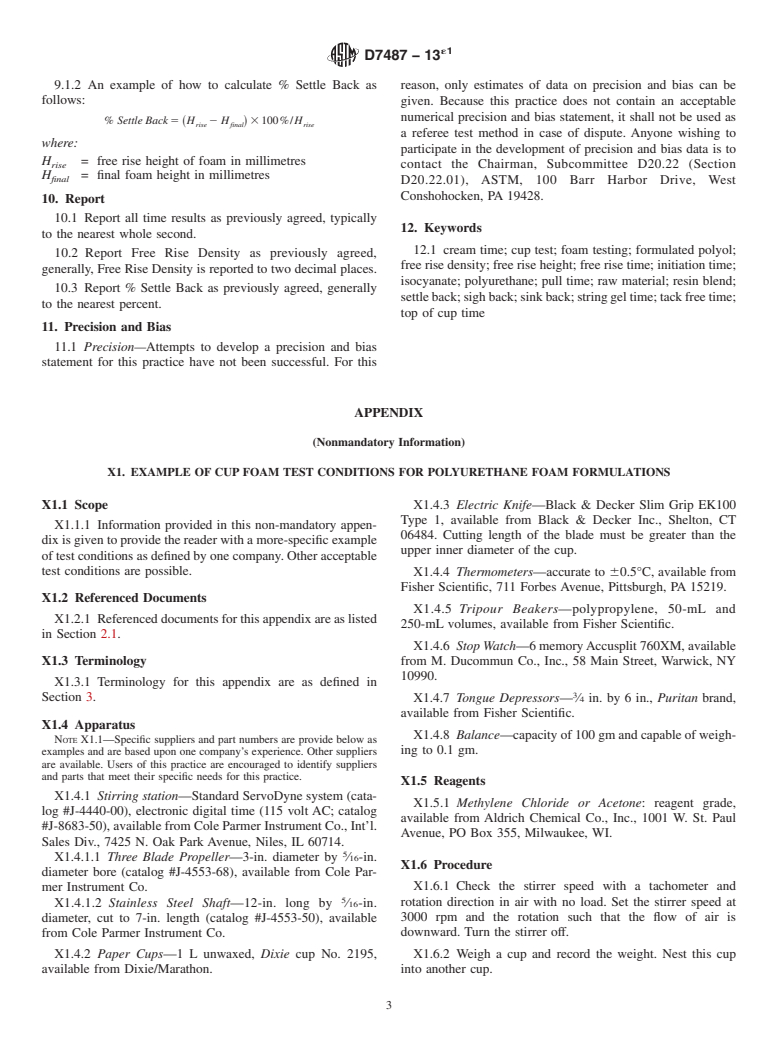 ASTM D7487-13e1 - Standard Practice for  Polyurethane Raw Materials: Polyurethane Foam Cup Test
