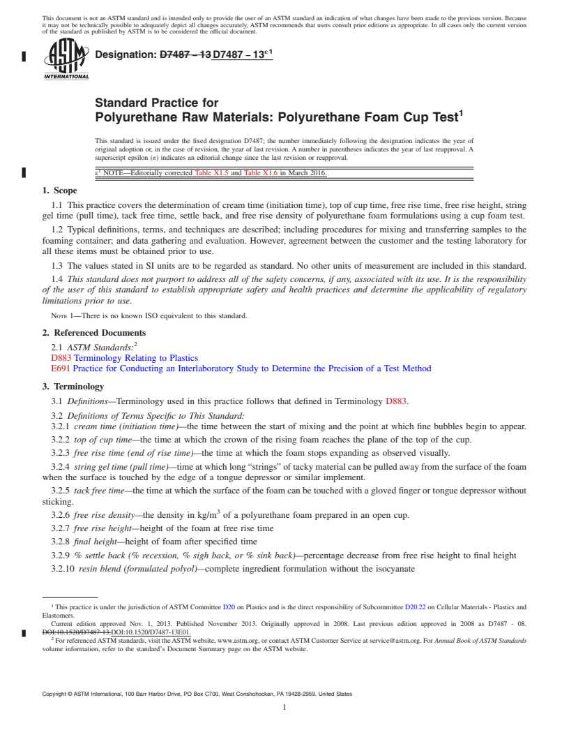 REDLINE ASTM D7487-13e1 - Standard Practice for  Polyurethane Raw Materials: Polyurethane Foam Cup Test