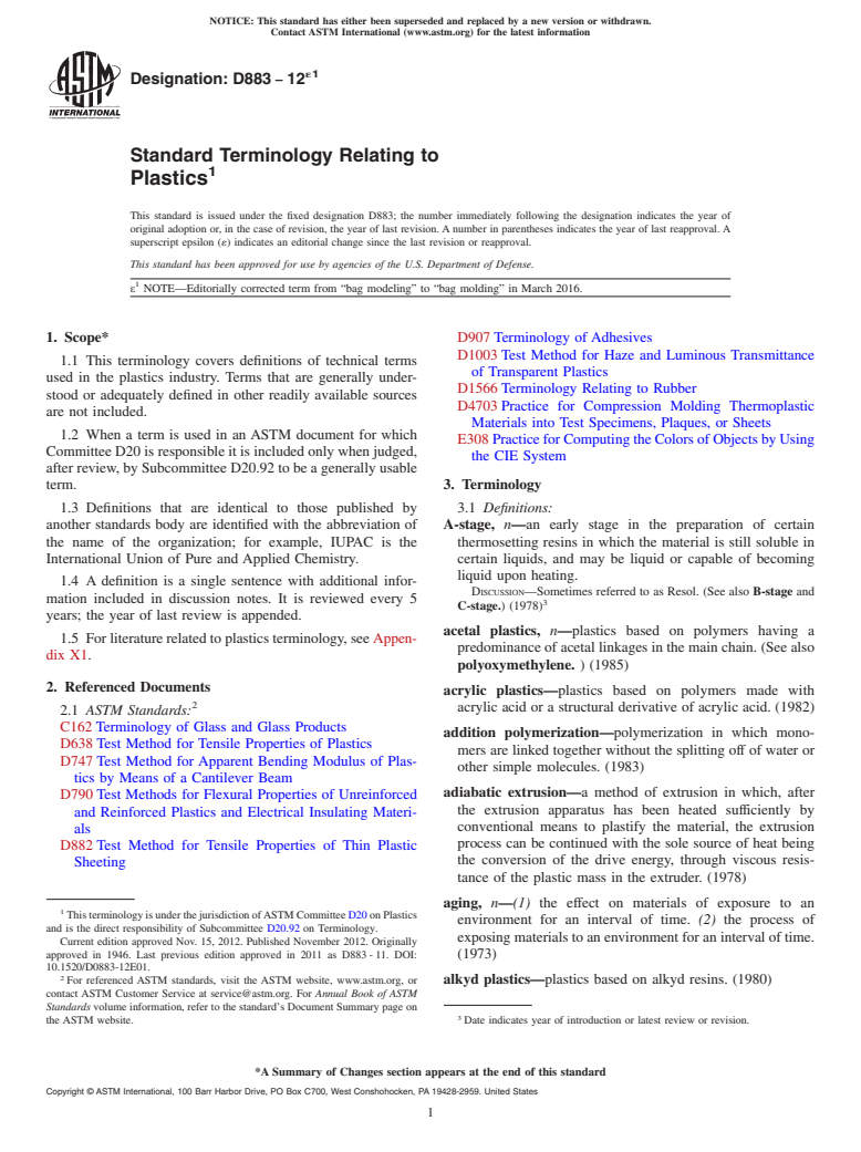 ASTM D883-12e1 - Standard Terminology Relating to Plastics