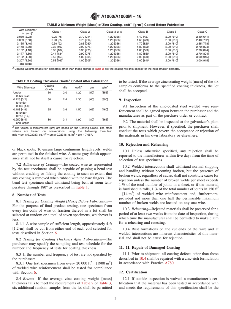 ASTM A1060/A1060M-16 - Standard Specification for  Zinc-Coated (Galvanized) Steel Welded Wire Reinforcement, Plain  and Deformed, for Concrete